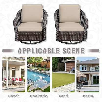 Outdoor Wicker Swivel Chair Set of 2, All-Weather Use Patio Rattan Chair with Seat and Back Cushion, Ideal for Porch, Backyard, Balcony, Poolside, Beige