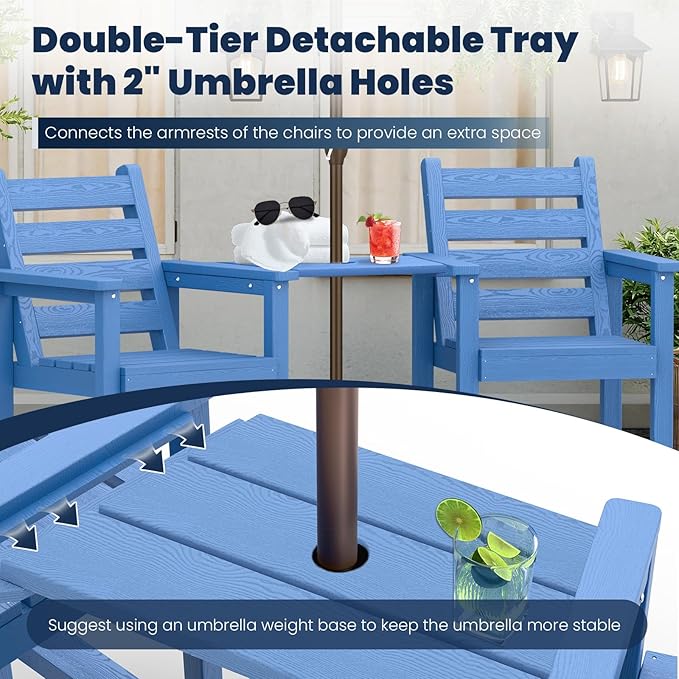 PLUUV Tall Adirondack Chairs Set of 2, All Weather HDPE Poly Bar Height Balcony Adirondack Chair with Removable Double Connecting Trays, Outdoor Adirondack Barstools for Deck, Patio, Yard, Pool, Lawn