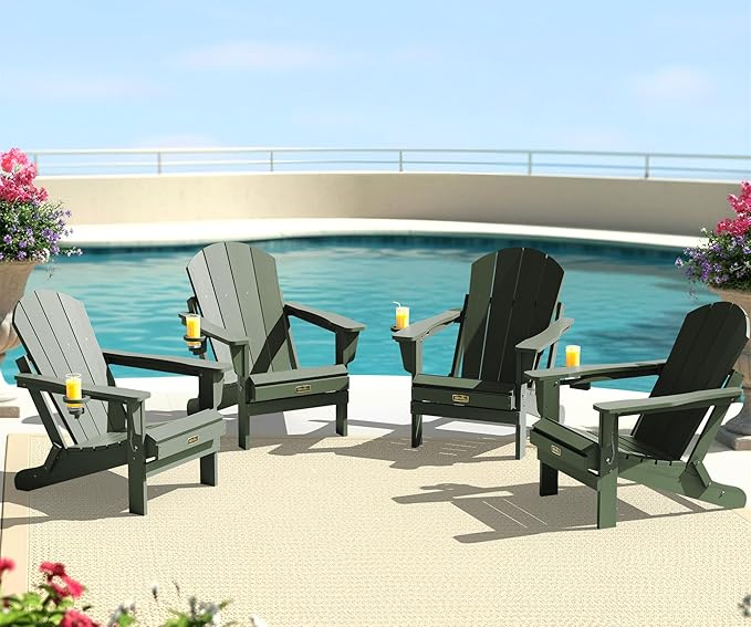 SERWALL Adirondack Chair Set of 4, Weather Resistant HIPS Patio Chairs with Cup Holder for Patio Garden Outdoors Fire Pit- Army