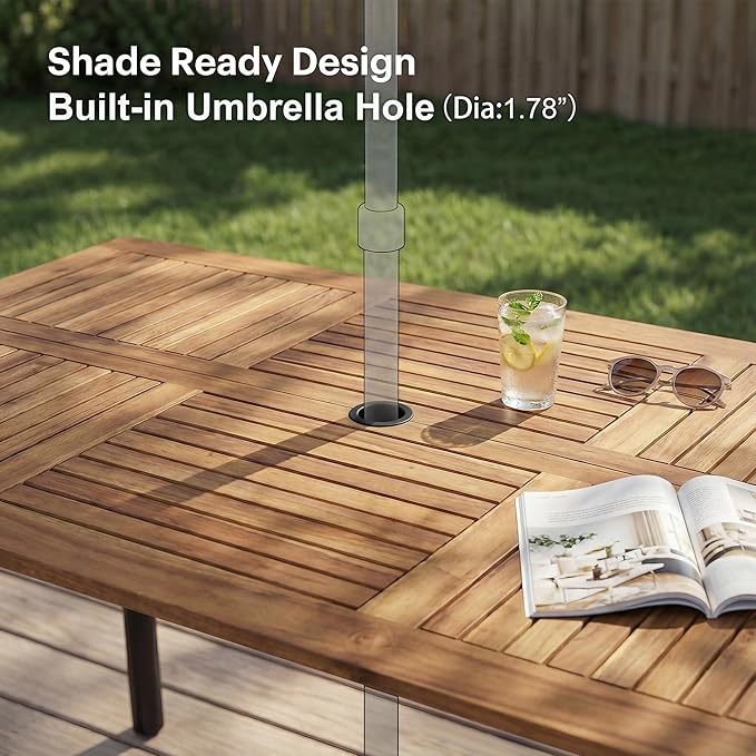 Flamaker Acacia Wood Patio Outdoor Dining Table for 6, Outdoor Table with Umbrella Hole and Metal Legs for Garden - Photo 4