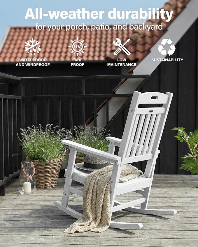 YEFU Outdoor Rocking Chairs Set of 2: Patio Rocking Chair for Adult, Outdoor Rocker Weather Resistant, Easy to Assemble, Safe&Comfortable, White