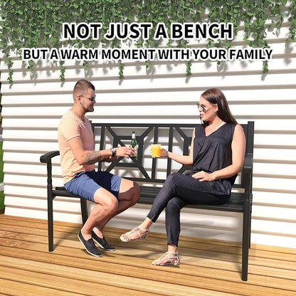 YLGJ&TIDY 50 Inches Patio Bench Outdoor Metal Bench with Pattern Backrest Armrest Rust-Resistant Outdoor Porch Benches for Garden Park Lawn Yard Front Porch, Pack of 2 (BENCH05 2PK)