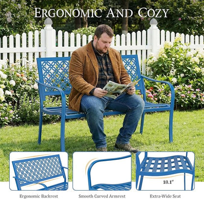 ONBRILL 50" Outdoor Bench, Garden Benches with Galvanized Metal Frame, Front Porch Bench with Floral Backrest, Patio Furniture with Adjustable Feet for Park, Yard, Lawn, Entryway, Blue