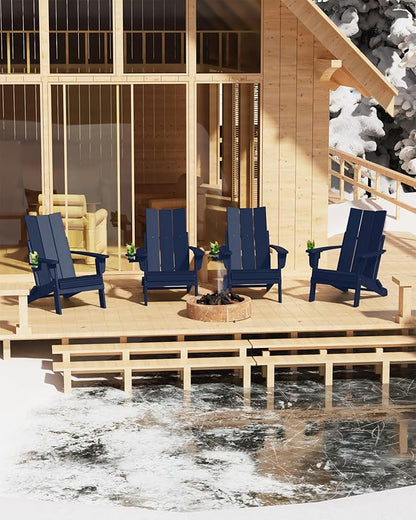 Folding Adirondack Chairs Set of 6, All-Weather Resistant HDPE Patio Firepit Chairs, Sturdy Outside Chairs with Cup Holder, Pre-Installed Lawn Chairs Load Capacity 385lb, Navy Blue