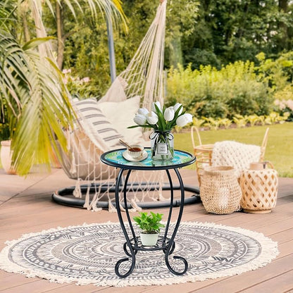 HONGLAND Mosaic Outdoor Side Table, 14" Round Patio Side Table, Mosaic Plant Stand, End Table W/Storage Shelf, Small Bistro Coffee Table for Garden Yard Porch Living Room(Green)