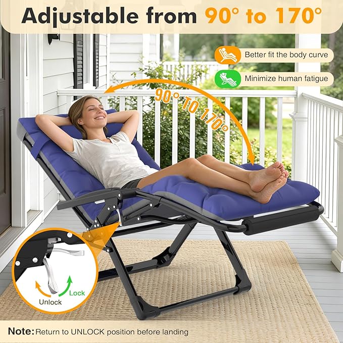 Slendor Zero Gravity Chair Oversized, 33In XXL Reclining Lounge Chair with Removable Cushion, Cup Tray, Footrest, Folding Reclining Camping Patio Recliner Chair w/Upgraded Lock,Blue