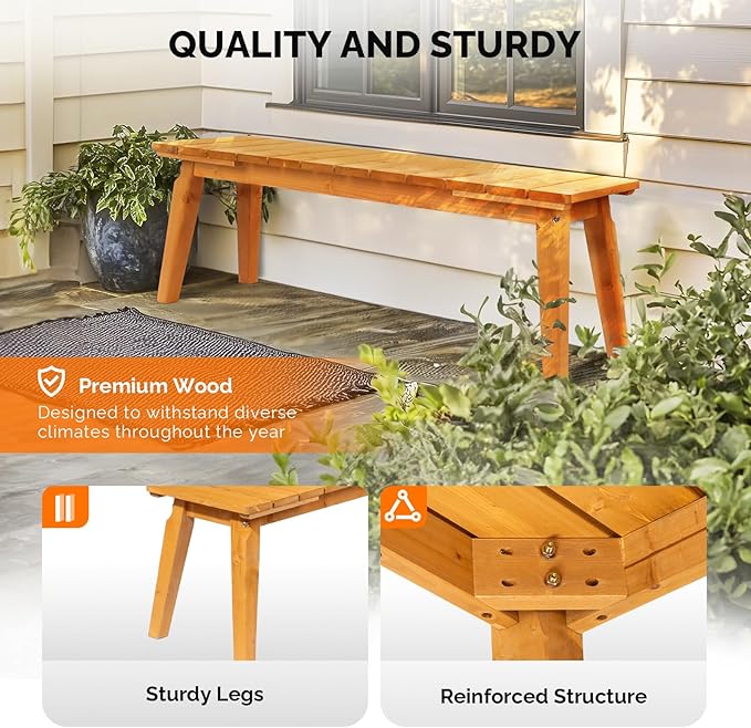 VINGLI Outdoor Wooden Bench, 45” 2-Person Backless Dining Bench, Weatherproof Outdoor Patio Bench for Porch Entryway Garden (2, Teak)