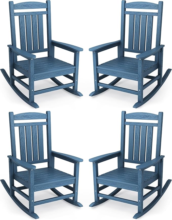 KINGYES Oversized Outdoor Rocking Chair Set of 4, HDPE Patio Rocking Chairs with 330lbs Support for Adults, Navy