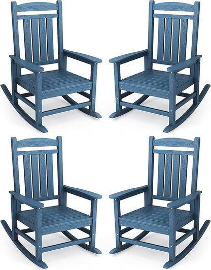 KINGYES Oversized Outdoor Rocking Chair Set of 4, HDPE Patio Rocking Chairs with 330lbs Support for Adults, Navy