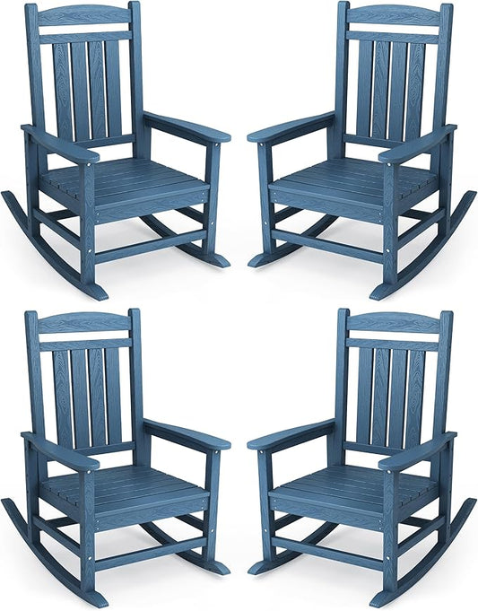 KINGYES Oversized Outdoor Rocking Chair Set of 4, HDPE Patio Rocking Chairs with 330lbs Support for Adults, Navy