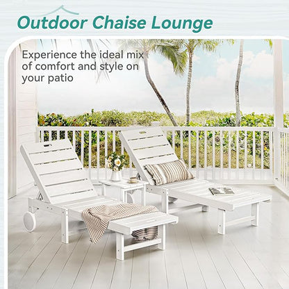 Outdoor Chaise Lounge Chairs Set of 4, 26.8” Super Wide Lounge Chair Outdoor, HDPS Pool Chairs with 5 Positions, Patio Lounge Chair with Wheels for Pool,Lawn,Backyard, White