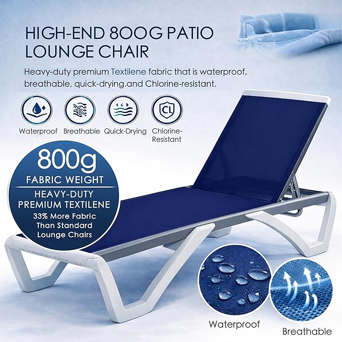 Kozyard Outdoor Chaise Lounge Chair, Full Flat Adjustable Patio Lounger with Aluminum Frame & Resin Legs, Textilene Fabric for Poolside, Backyard & Beach (NavyBlue Without Table)
