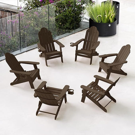 LUE BONA Folding Adirondack Chair Set of 6, HDPS Weather Resistant Patio Chair, 350lbs Heavy Duty, One-Step Folding for Balcony Garden, Wood Grain Texture, Outdoor Fire Pit Seating, Dark Brown