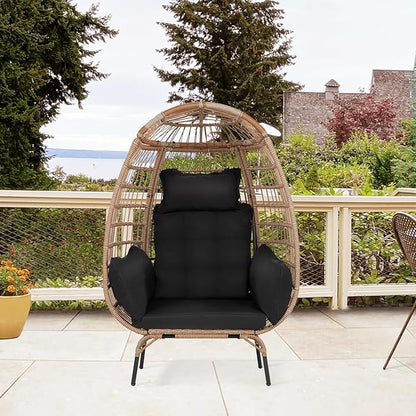 PayLessHere Egg Chair Egg Basket Rattan Chair Steel Frame Oversized Indoor Outdoor Lounger Simple Installation with 4 Comfort Cushion and Stand,352lb Capacity for Patio Garden Living Room，Black