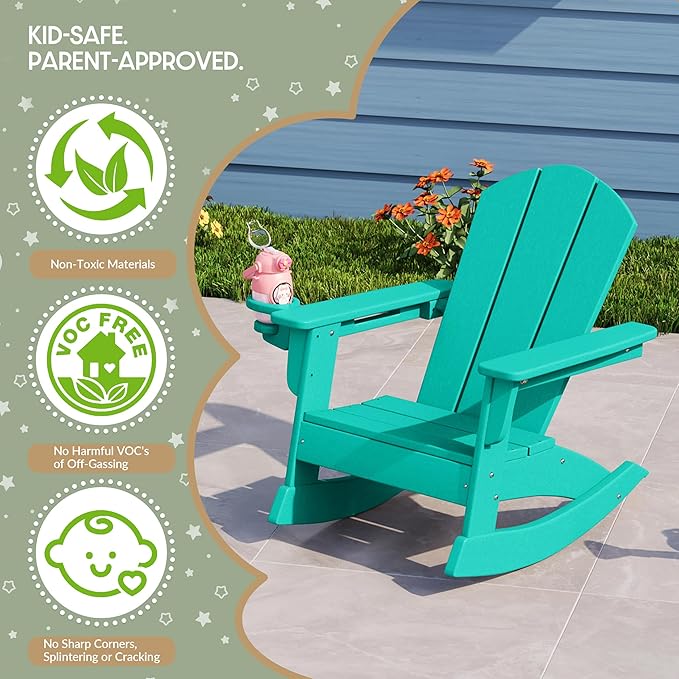 WestinTrends Malibu Outdoor HDPE Plastic Preschool Toddler Classic Adirondack Rocking Chairs (Set of 2), Turquoise