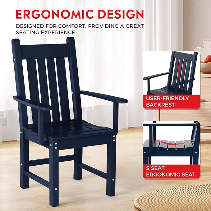 Costaelm Patio Dining Chairs, Plastic Outdoor Adirondack Chair with Arm, HDPE Poly Lumber, Waterproof Restaurant Bistro Dining Chair for Outside Porch Backyard Garden, Navy Blue