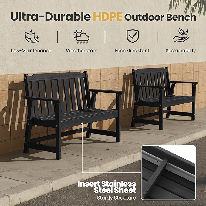 Ciokea 49" Heavy Duty Outdoor Bench Set of 2, HDPE Weatherproof Garden Bench, 2-Person Memorial Benches with 660 Lbs, Waterproof Patio Porch Benches for Outside Business Deck Office Backyard, Black