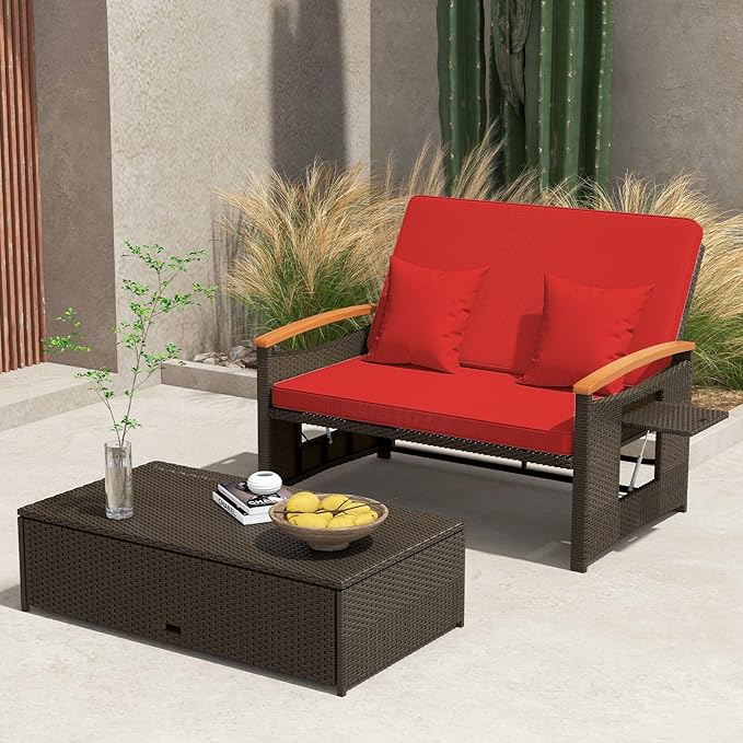 Tangkula Patio Rattan Daybed with 4-Level Adjustable Backrest, Outdoor Wicker Loveseat with Acacia Wood Armrest - Photo 2