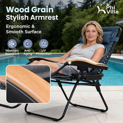 PHI VILLA XXL Oversized Padded Zero Gravity Chair Set of 2, Foldable Patio Recliner, 30" Wide Seat Anti Gravity Lounger with Armrest and Cup Holder, Support 400 LBS (Blue Accents)