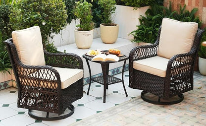GAOMON 3 Piece Outdoor Patio Set, Wicker Rocking Bistro Set with 2 Swivel Chairs & Tempered Glass Top Table, Rattan Outdoor Furniture with Cushions for Patio Porch Backyard, Brown + Apricot Cushion