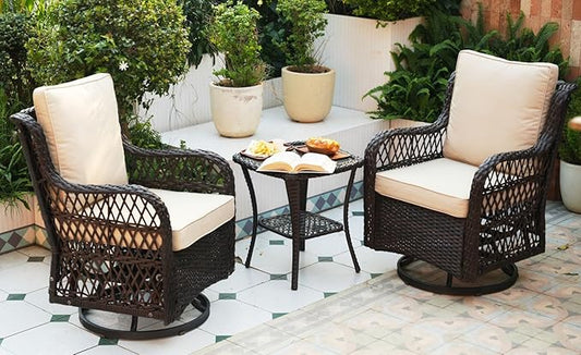 GAOMON 3 Piece Outdoor Patio Set, Wicker Rocking Bistro Set with 2 Swivel Chairs & Tempered Glass Top Table, Rattan Outdoor Furniture with Cushions for Patio Porch Backyard, Brown + Apricot Cushion