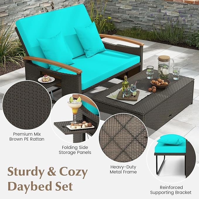 Moccha Outdoor Wicker Daybed, Patio Rattan Loveseat Sofa w/ 4-Level Adjustable Backrest, Folding Panels, Storage Ottoman & Cushions, Lounge Furniture Set for Poolside Backyard Porch (Turquoise)