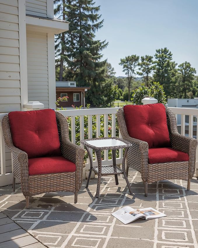3 Piece Patio Brown Wicker Chairs with Side Table - Outdoor High Back Heavy Duty All-Weather Lawn Dining Rattan Chair - Photo 2