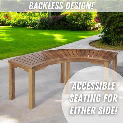 Patio Wise Acacia Wood Outdoor Curved Bench for Fire Pit Seating – 6-Foot Backless Round Bench for Patio, Porch, Park, or Dining Table, 57" L x 16" W x 17.75" H, Teak Color