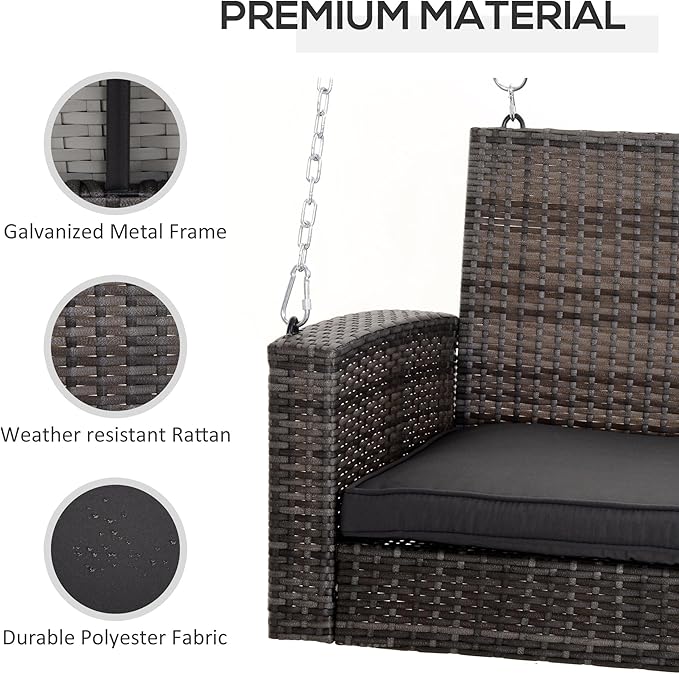 Outsunny 2 Person Wicker Hanging Swing Bench, Front Porch Swing Outdoor Chair with Cushions 550 lbs. Weight Capacity for Backyard, Garden, Grey