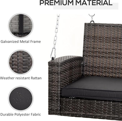 Outsunny 2 Person Wicker Hanging Swing Bench, Front Porch Swing Outdoor Chair with Cushions 550 lbs. Weight Capacity for Backyard, Garden, Grey