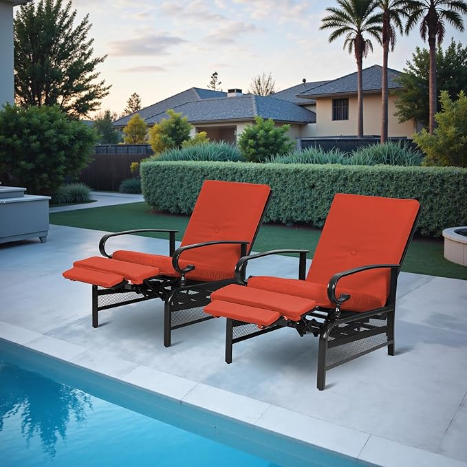 Incbruce Outdoor Lounge Chair Set of 2 Patio Furniture Adjustable Recliner with Retractable Steel Frame and Removable Thick Cushions - Red