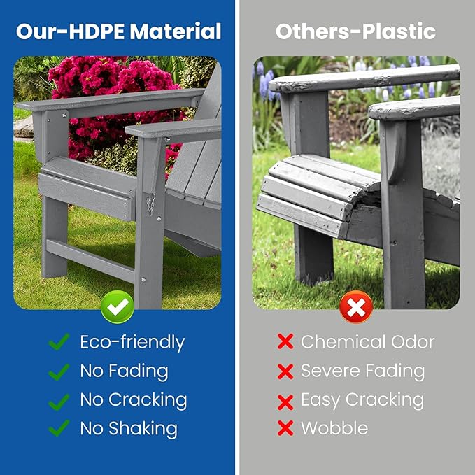 Folding Adirondack Chair with Ottoman Weather Resistant Foldable Fire Pit Chairs with Footrest HDPE Outdoor Adirondack Chair for Patio Front Porch Pool Garden Deck Fire Pit Outside,Gray