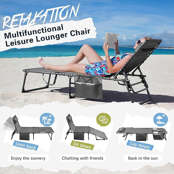 Greesum Chaise Lounge Folding Tanning Chair with 5 Position Adjustable Back, Detachable Pillow & Pocket for Outside Pool, Beach, Sunbathing, Gray w/Face Hole