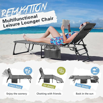 Greesum Chaise Lounge Folding Tanning Chair with 5 Position Adjustable Back, Detachable Pillow & Pocket for Outside Pool, Beach, Sunbathing, Gray w/Face Hole