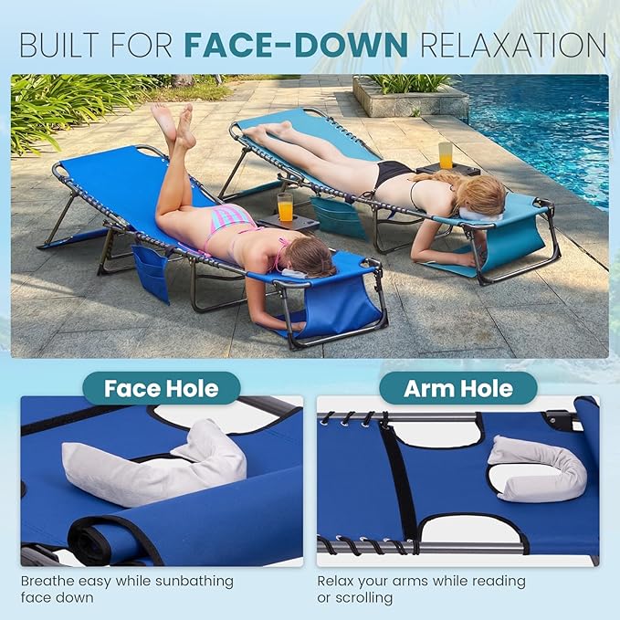 FUNDANGO Heavy Duty Tanning Chair with Face Hole & Canopy, 400lbs Beach Lounge Chair with Side Table, 5-Position Sun Lounger for Outdoor Patio Pool-Face Down Chaise with Anti-Pinch Safety Lock,Blue
