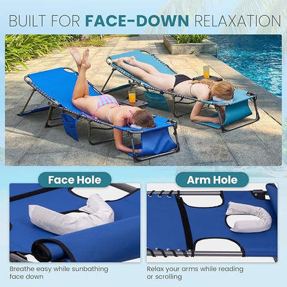 FUNDANGO Heavy Duty Tanning Chair with Face Hole & Canopy, 400lbs Beach Lounge Chair with Side Table, 5-Position Sun Lounger for Outdoor Patio Pool-Face Down Chaise with Anti-Pinch Safety Lock,Blue