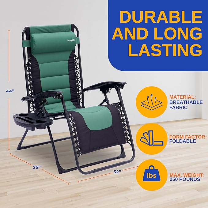 SereneLife Oversized Padded Zero Gravity Lounge Chair, Foldable Outdoor Patio Recliner, Anti Gravity Lawn Recliner with Cup Holder and Side Table for Backyard, Camping, Beach or Outdoor Relaxation
