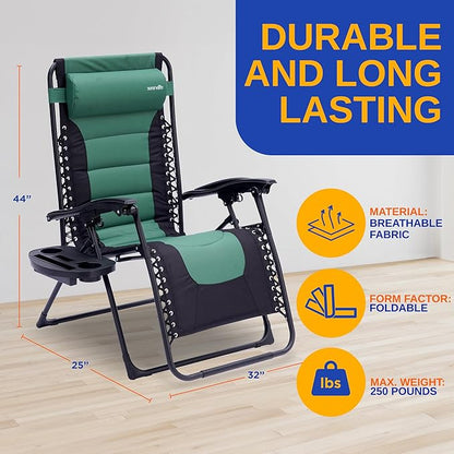 SereneLife Oversized Padded Zero Gravity Lounge Chair, Foldable Outdoor Patio Recliner, Anti Gravity Lawn Recliner with Cup Holder and Side Table for Backyard, Camping, Beach or Outdoor Relaxation