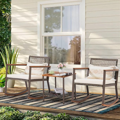 Verano Garden 3 Pieces Rocking Bistro Set, Outdoor Conversation Bistro Chairs and Table Set with Wood Armrest and Soft Cushions, Small Porch Set Balcony Set for Garden, Patio, Yard