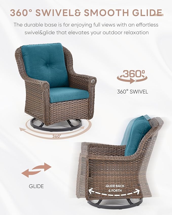 3 Piece Patio Swivel Chairs and Side Table Set - High Back Outdoor Brown Wicker Rattan Rocking Glider with Thick - Photo 5