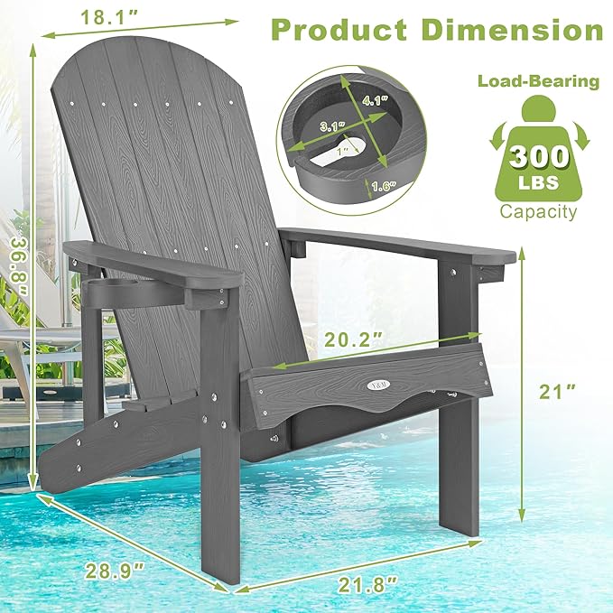 Y&M Adirondack Chair Set of 4, Dark Grey Fire Pit Chairs, Outdoor Patio Chairs with Cup Holder, Weather Resistant HDPE Wooden Textured Patio Chairs, Perfect for Garden, Lawn, Deck, or Poolside