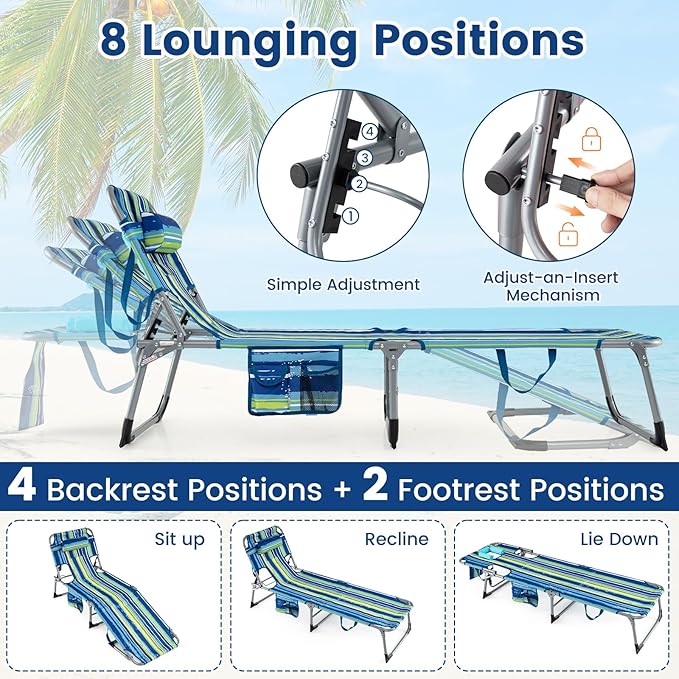 Giantex Face Down Tanning Chair, Folding Beach Lounge Chair w/ 4-Position Adjustable Backrest, Outdoor Sunbathing Lounge Chair w/Face Arm Hole & Storage Pocket for Patio Deck Poolside (2 Blue Stripe)