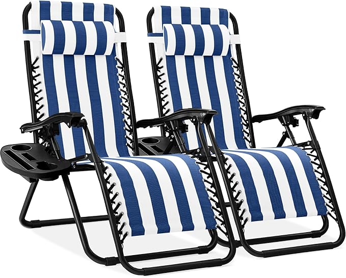 Best Choice Products Set of 2 Adjustable Steel Mesh Zero Gravity Lounge Chair Recliners w/Pillows and Cup Holder Trays - Photo 1