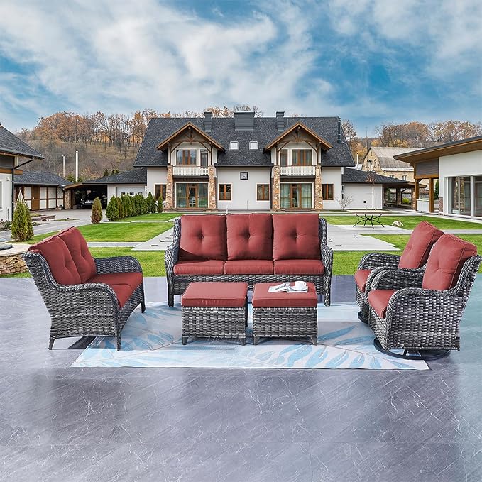 Rilyson Wicker Patio Furniture Set - 6 Piece Rattan Outdoor Sectional Conversation Sets with 2 Rocking Swivel Chairs - Photo 7