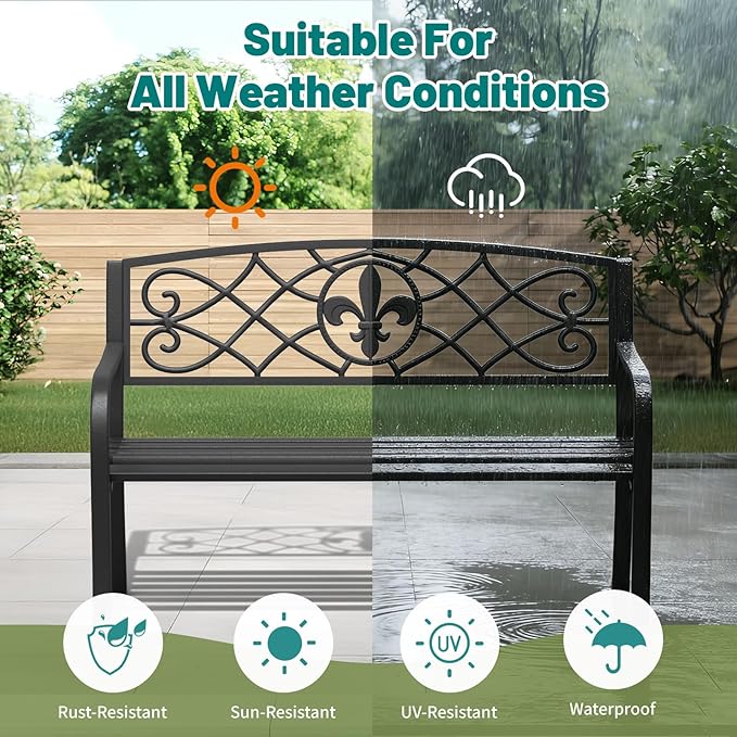 Metal Bench Patio Bench, Outdoor Benches Weatherproof with Floral Backrest, Wrought Iron Garden Benches for Outdoors, Patio, Garden, Park, 2 Pack