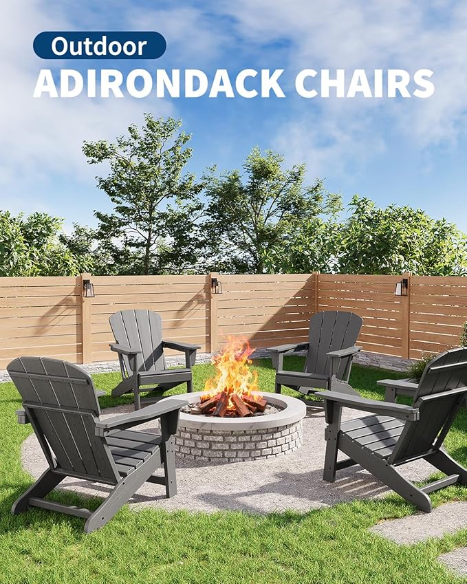 Modern HDPE Plastic Adirondack Chair Set of 4 with 2 Side Table - Oversize 380 LB Poly Lumber Weather Resistant Firepit Chair - Outdoor Patio Chairs with Wooden Textured for Deck, Pool, Porch - White