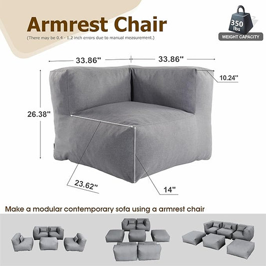 Patio Corner Chair, Outdoor Armrest Bean Bag Chair, Daybed Sofa Comfy Couch, Modular Patio Sectional Sofa, Water-Resistant Olefin Fabric, High-Density Foam Filled, Comfy Lounge Seat, Dark Gray