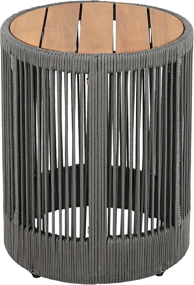 15" Outdoor Rustic Side Table,Rattan Rope & Acacia Wood End Table with Round Top & Iron Frame, Easy Assembly, Versatile Weather-Resistant Patio Furniture for Garden, Yard, Balcony, Gray Teak