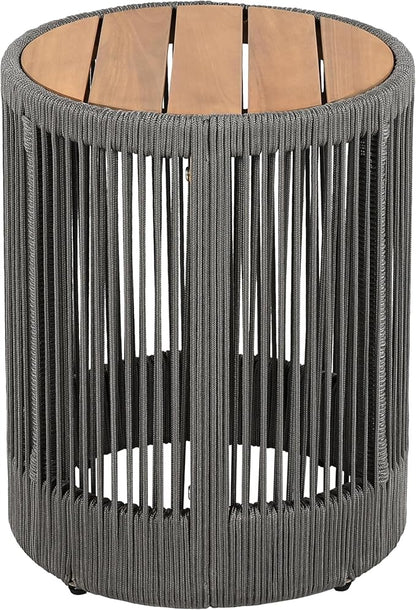 15" Outdoor Rustic Side Table,Rattan Rope & Acacia Wood End Table with Round Top & Iron Frame, Easy Assembly, Versatile Weather-Resistant Patio Furniture for Garden, Yard, Balcony, Gray Teak