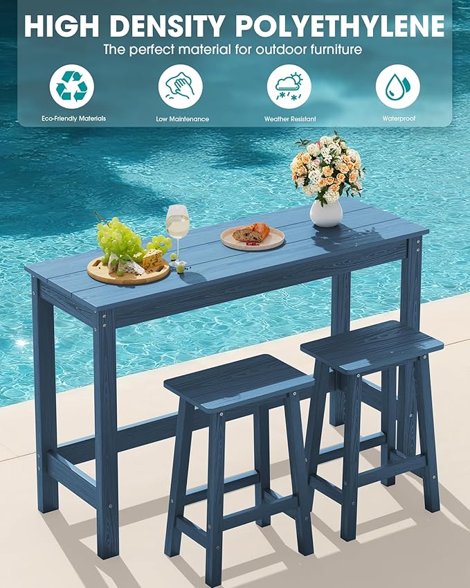 SERWALL 3-Piece Outdoor Bar Set, Rectangular All Weather HDPE Bar Height Patio Set - Photo 6